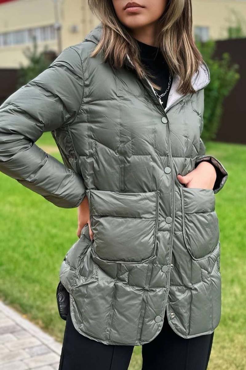 Women's casual solid color short hooded cotton coat Green