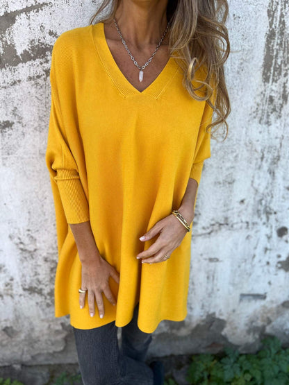 Women's V-neck Long-sleeved Knitted Casual Top yellow