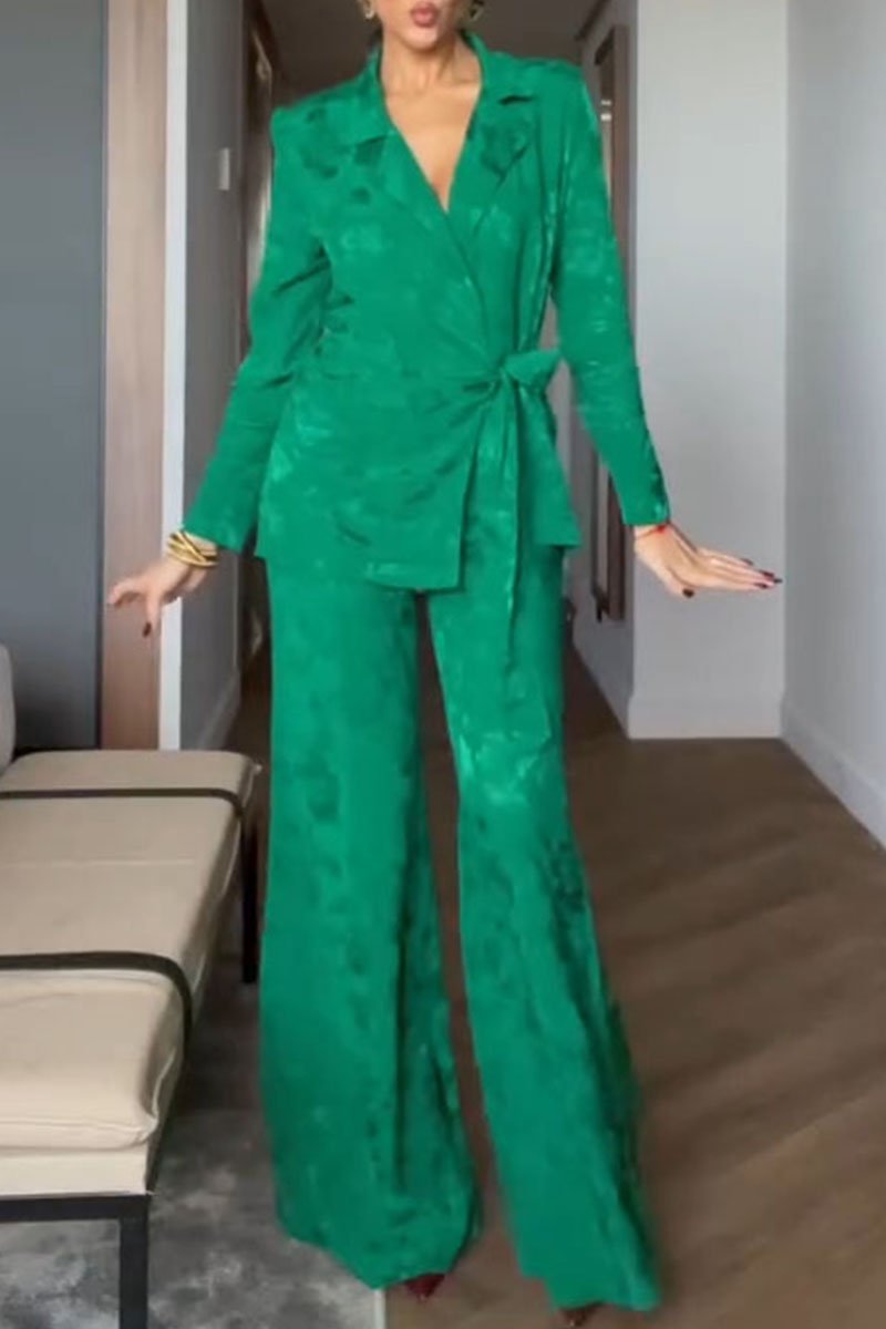 Women's V-neck Long Sleeve Waist Two Piece Suit green