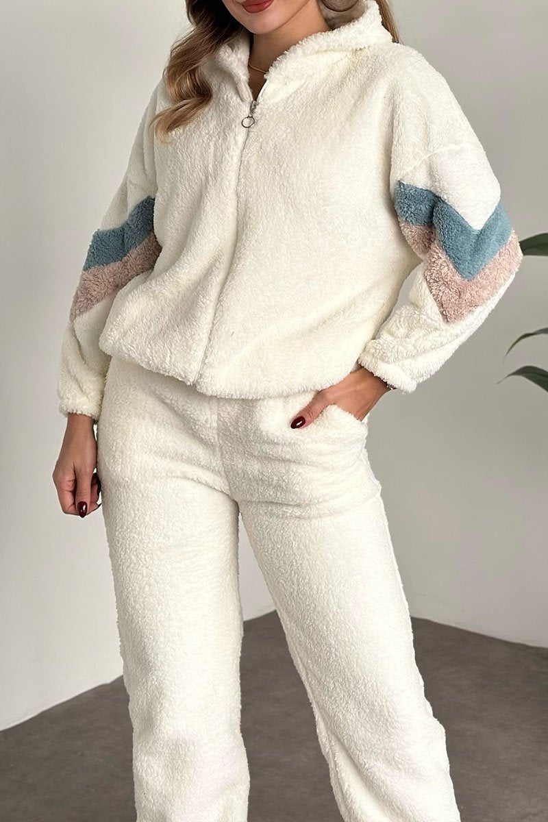 Solid Color Long Sleeve Patchwork Plush Two Piece Set