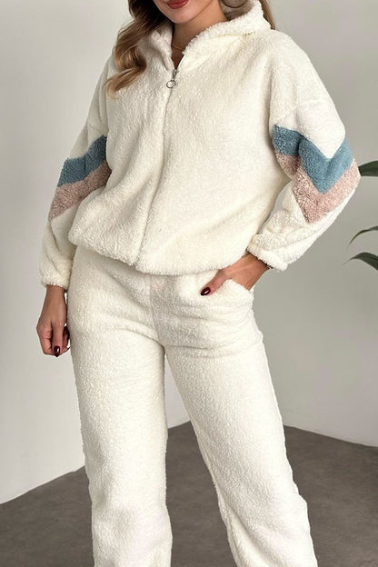 Solid Color Long Sleeve Patchwork Plush Two Piece Set