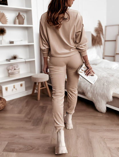 Women's Round Neck Long -sleeved Sweatshirts Suit khaki