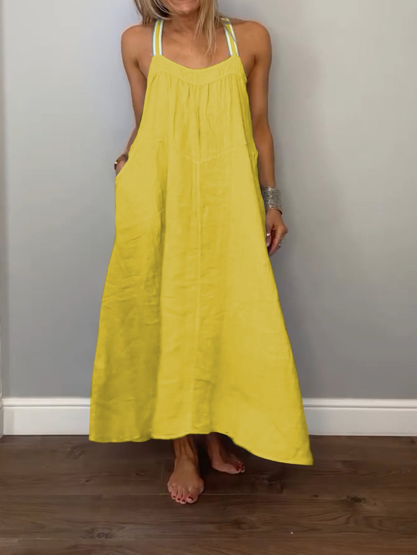 Solid Cotton and Linen Slip Dress Yellow