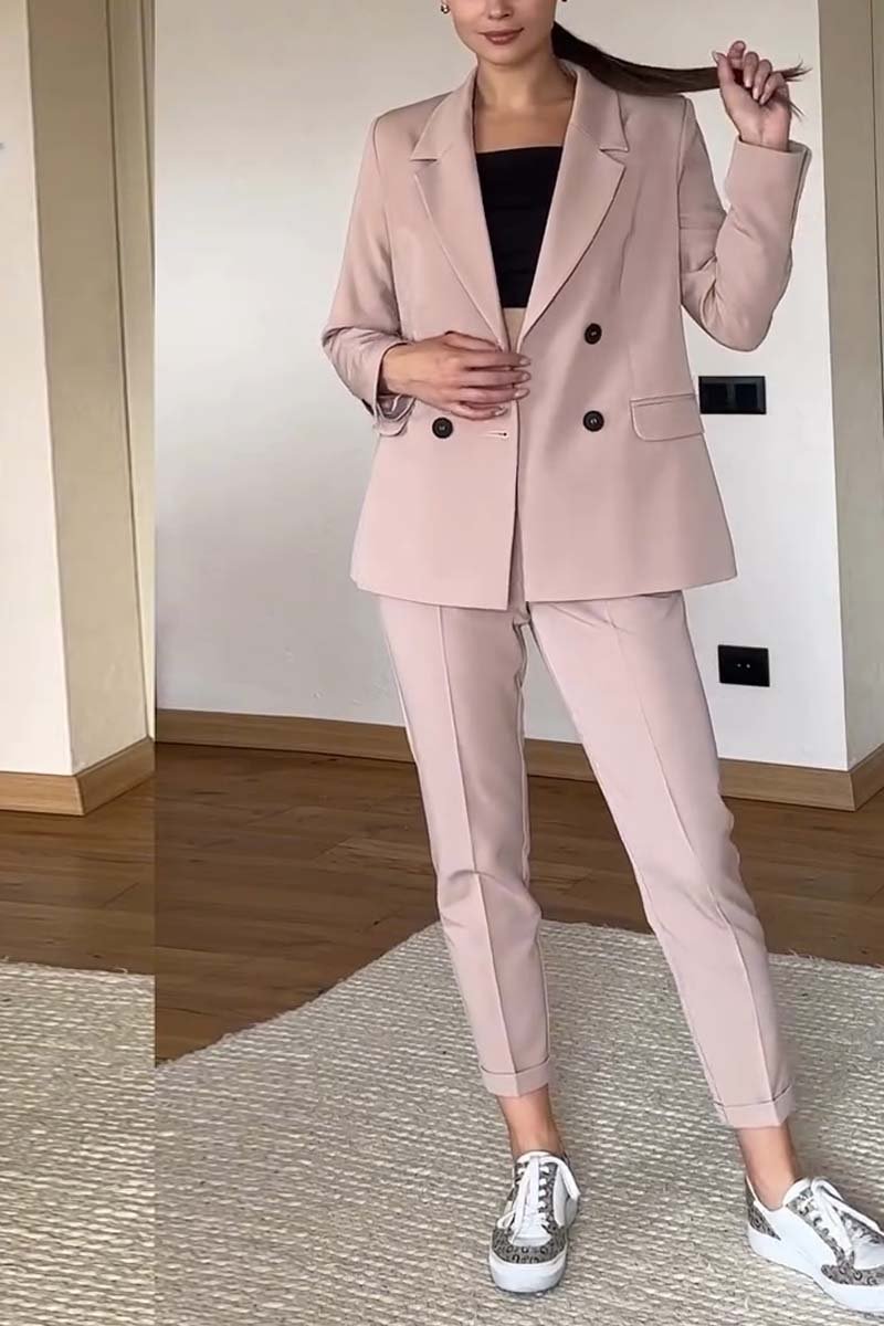 Women's fashionable double-breasted solid color suit two-piece set Pink