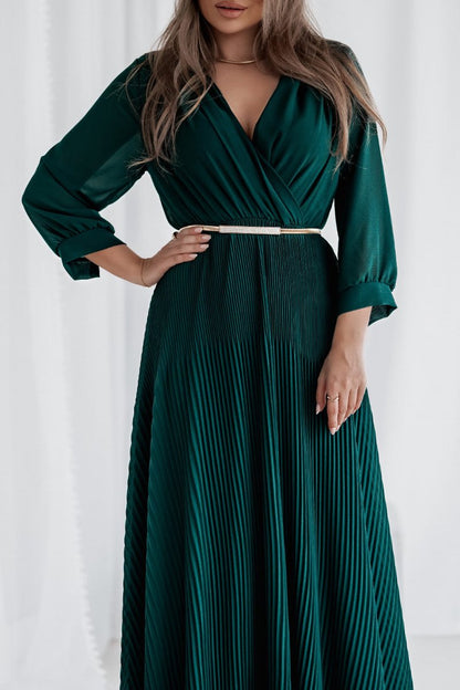 Women's Elegant V-neck Long Sleeve Chiffon Dress dark green