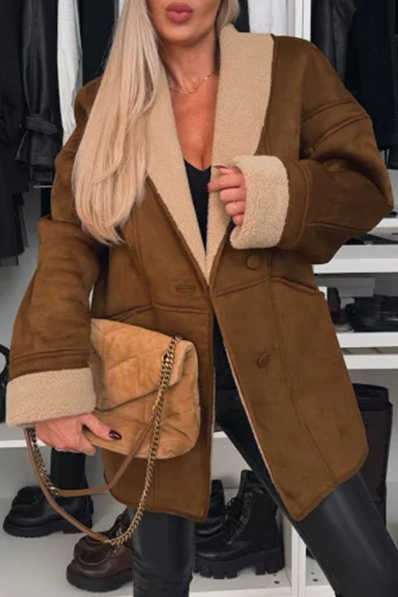 Women's Lapel Patchwork Plush Coat khaki