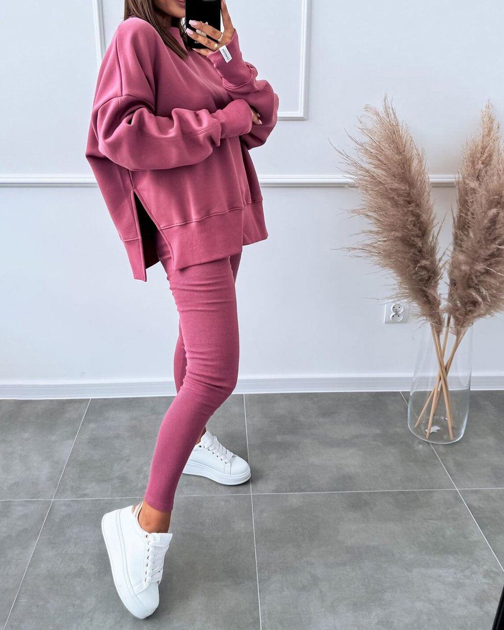 Women's Solid Color Casual Pullover Sweatshirt Two-piece Set Pink