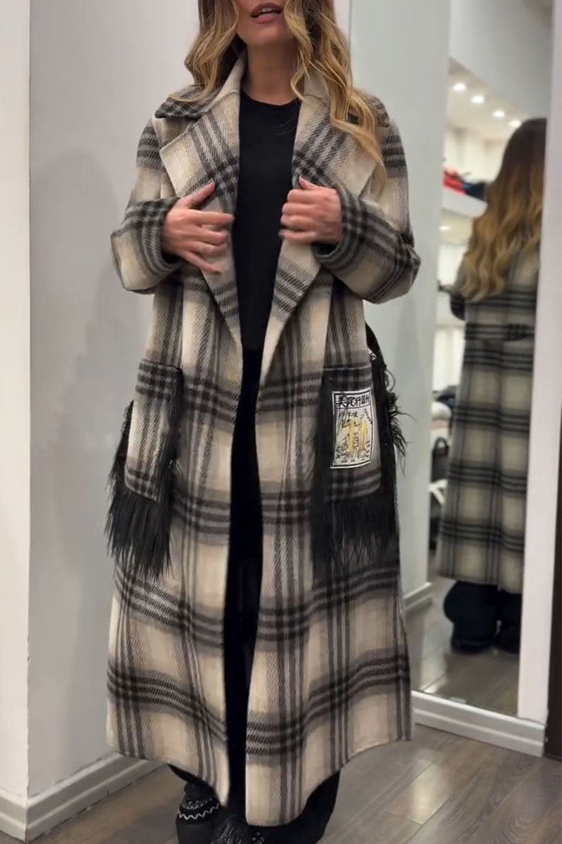 Women's Lapel Plaid Long Coat plaid