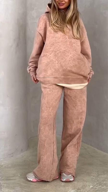 Women's Hooded White Printed Sweatshirt Two-piece Set apricot