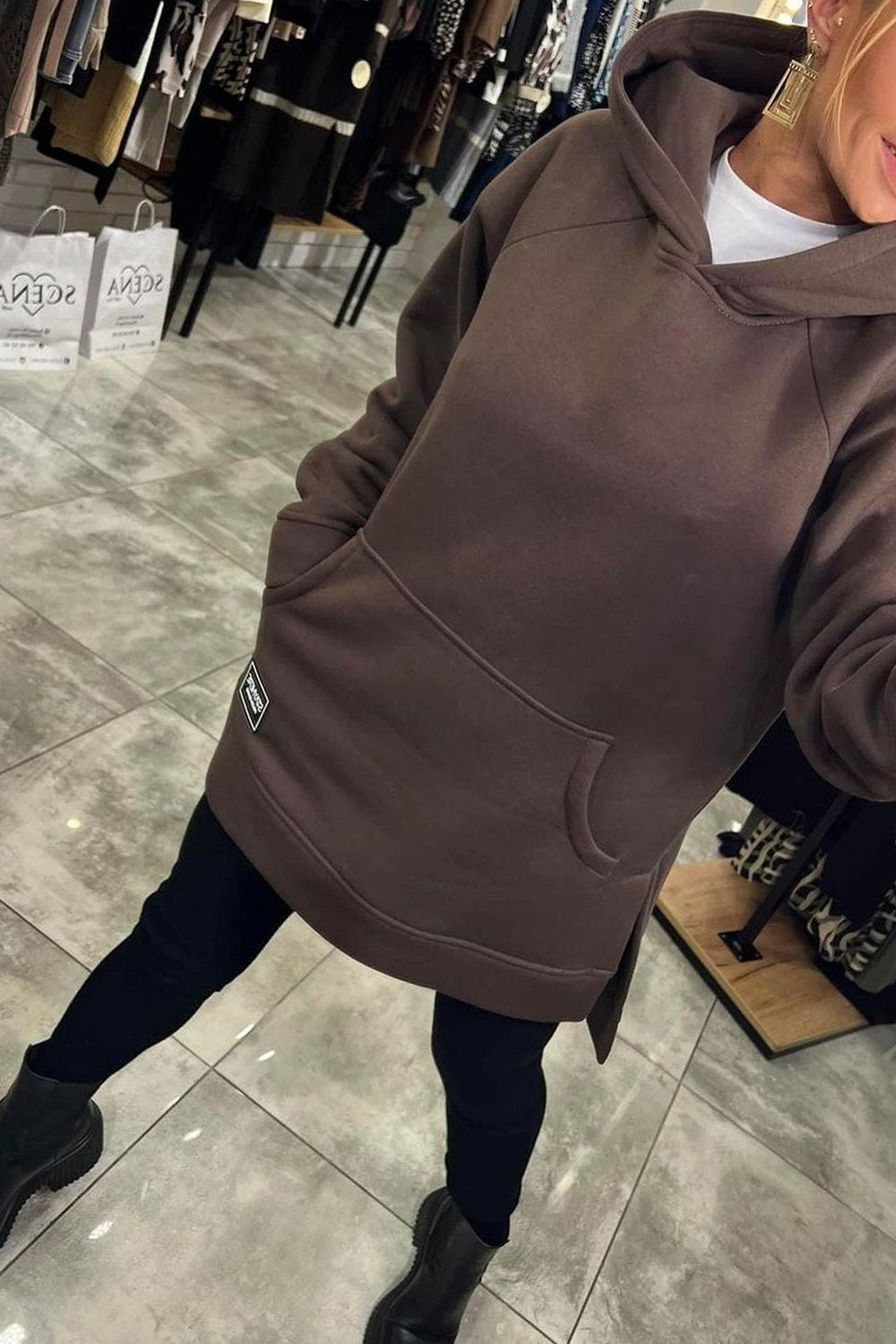 Women's Hooded Slit Top & Slim-fitting Pants Two-piece Set Brown