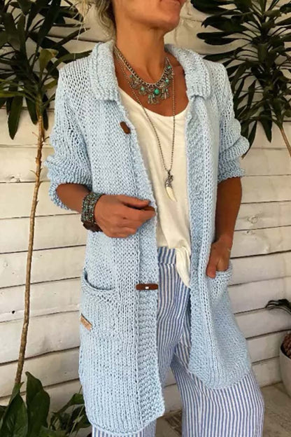 Women's Casual Solid Color Lapel Thick Thread Sweater Knitted Cardigan Light Blue