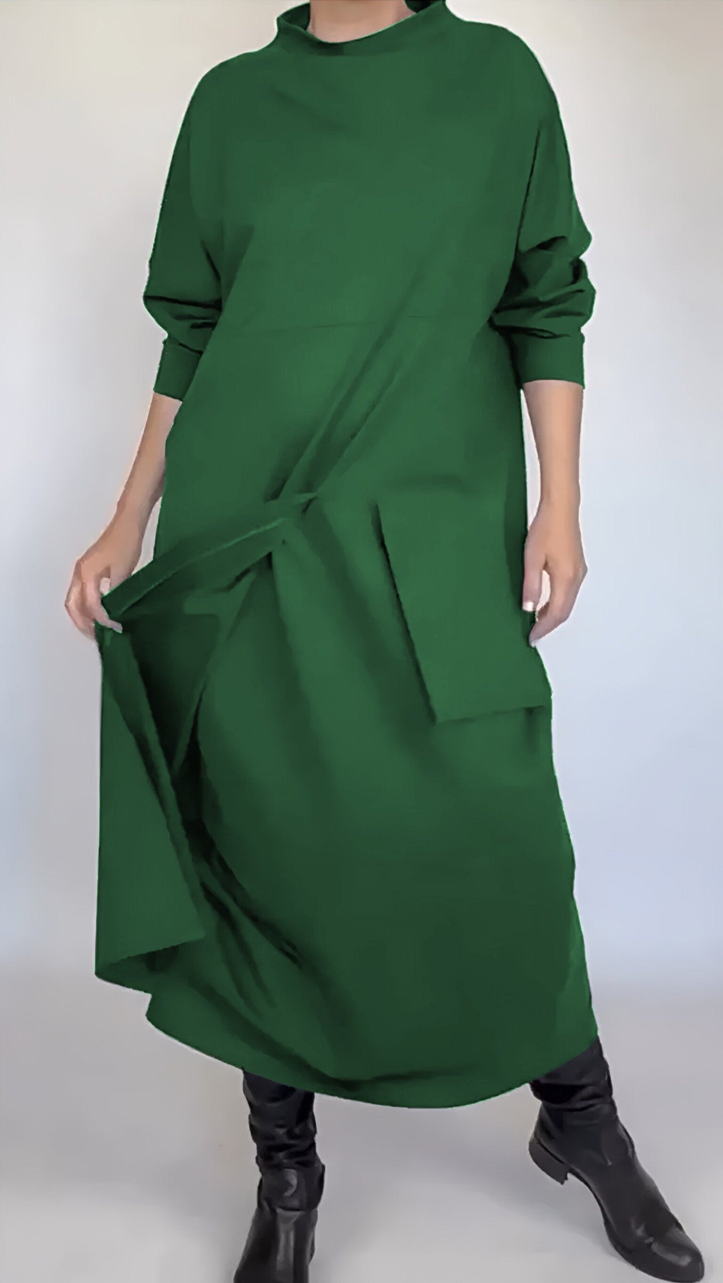 Women's Crew-neck One-pocket Dress green