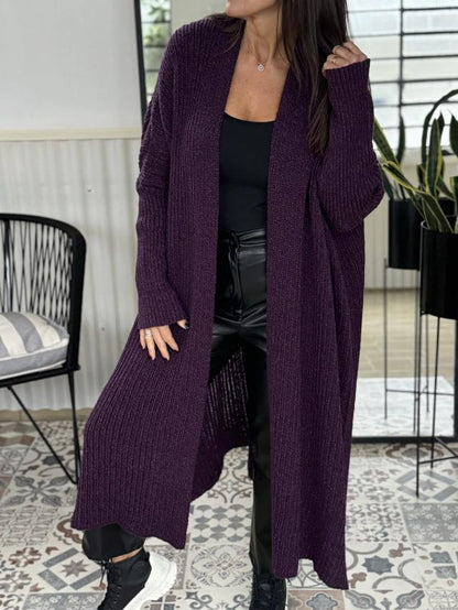 Women's V-neck Solid Color Ribbed Knitted Cardigan Purple