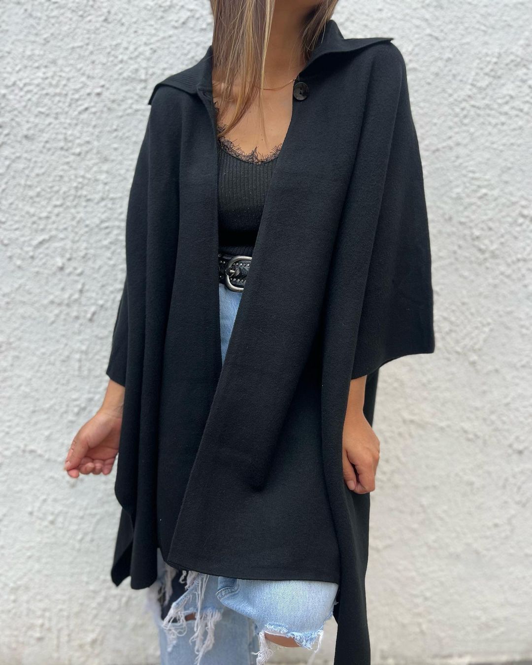 Women's Lapel Solid Color Long Sleeve Cape Jacket black