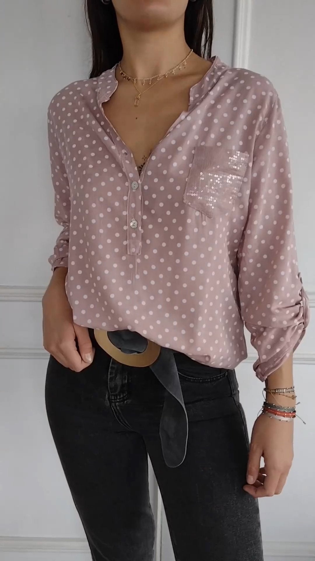 Women's V-neck Polka Dot Sequined Casual Shirt pink