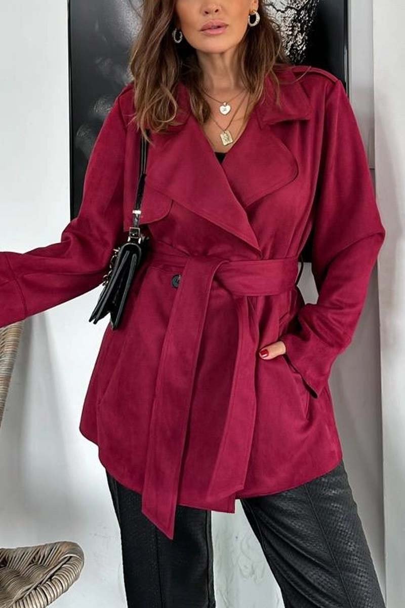 Women's Casual Waist Belted Lapel Loose Coat Brownness