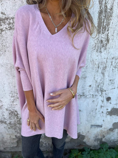 Women's V-neck Mid-sleeve Knitted Casual Top pink