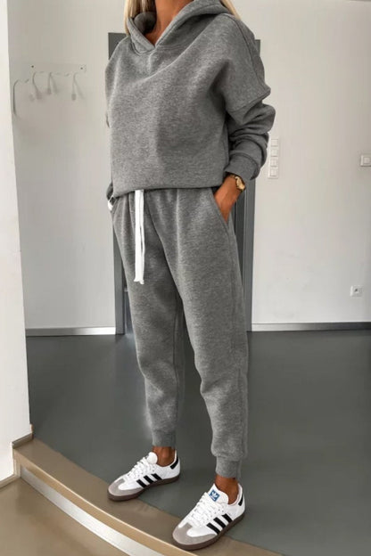 Women's Solid Color Hooded Fall Casual Suit gray