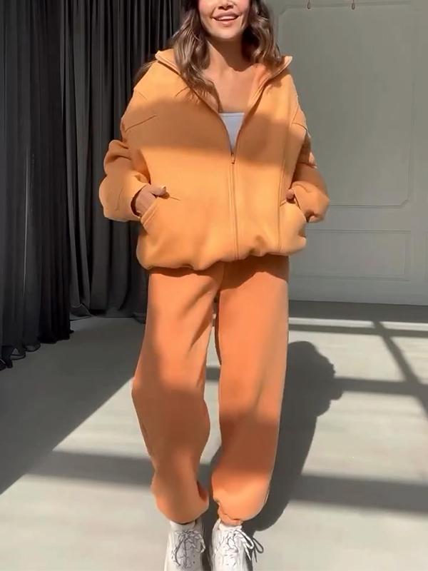 Women's Lapel Solid Color Zipper Sports Sweatshirt Suit orange