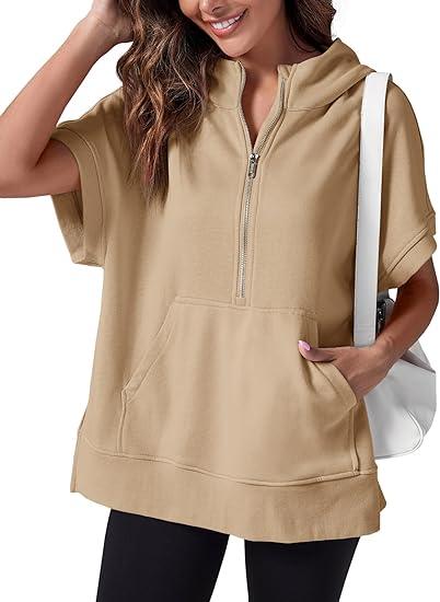 Women's Hooded Short-sleeved Half-zip Top Khaki