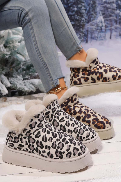 Women's thickened velvet round toe thick sole leopard print snow boots