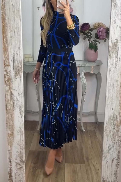 Women's Elegant Abstract Line Print Pleated Dress Drak Blue