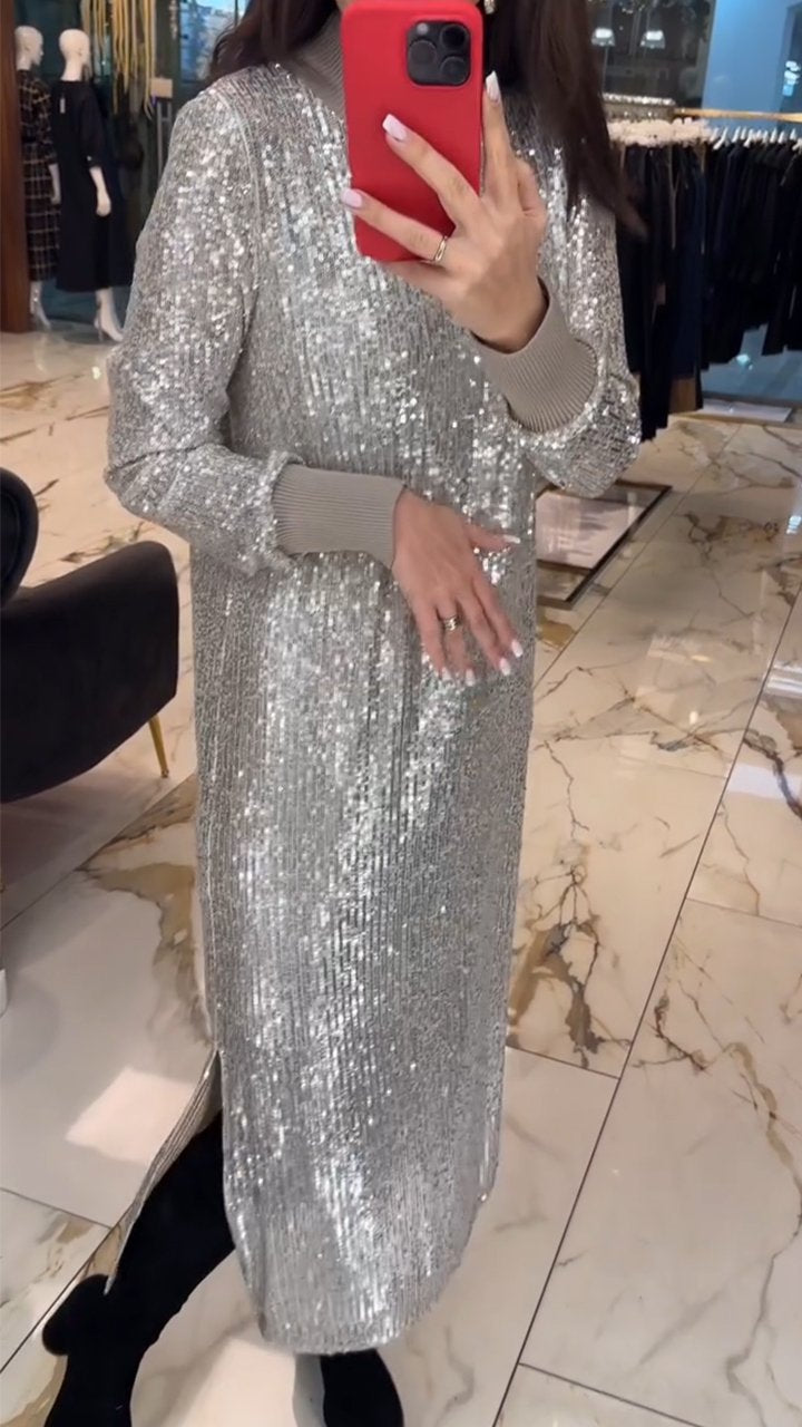 Women's Round Neck Long Sleeve Sequin Dress