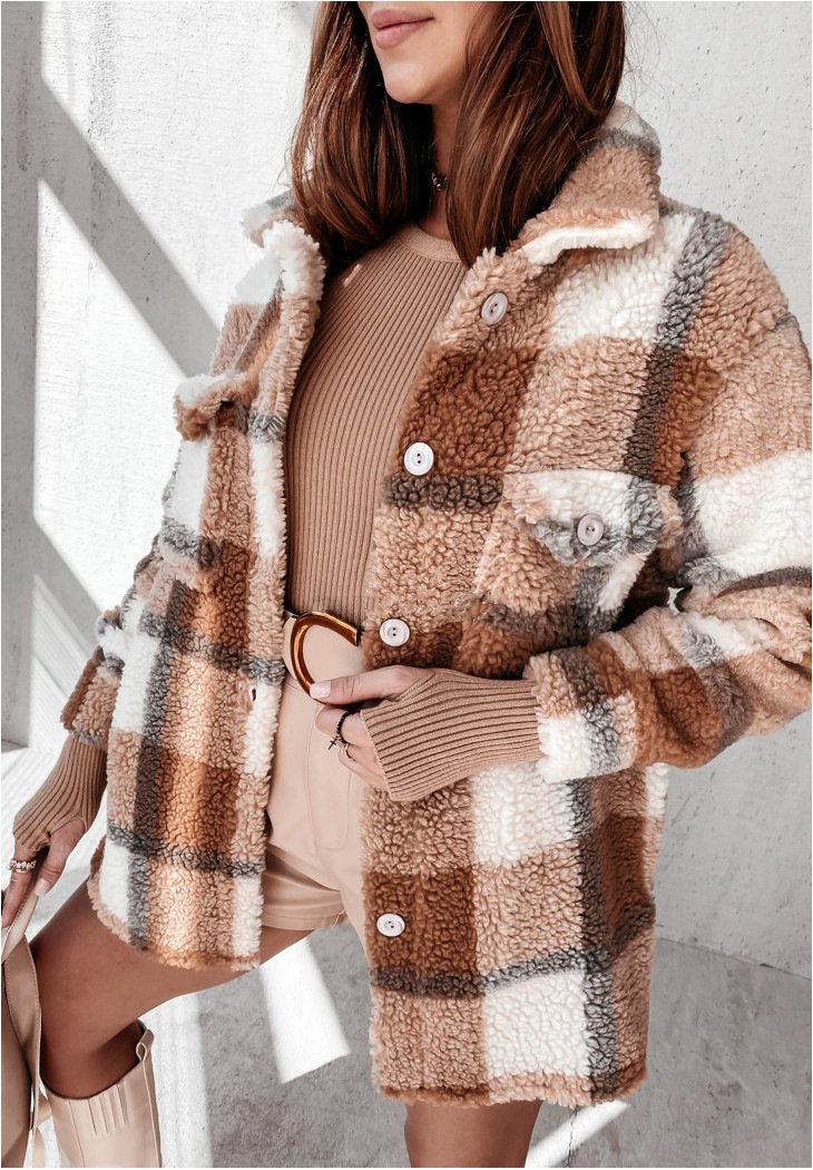 Long Sleeve Double Pocket Plaid Fur Coat khaki plaid