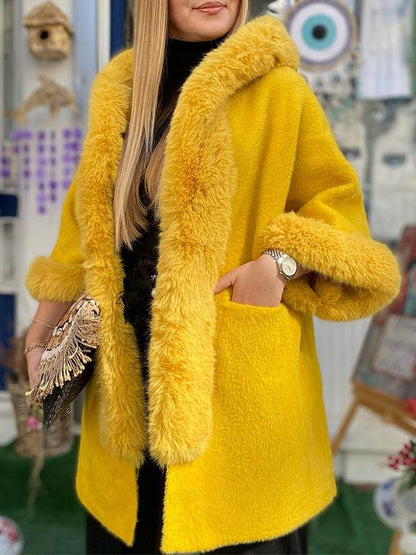 Women's Hooded Long-sleeved Plush Overcoat yellow