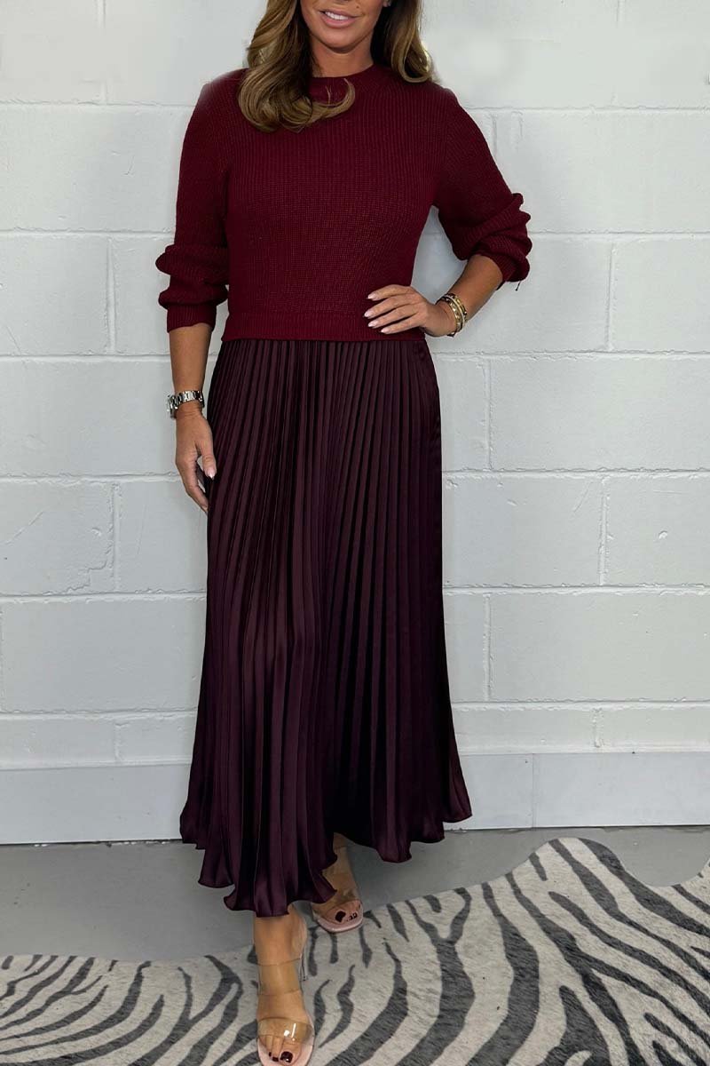 Women's solid color Long Sleeve Jumper & Pleated Bottom Dress Wine