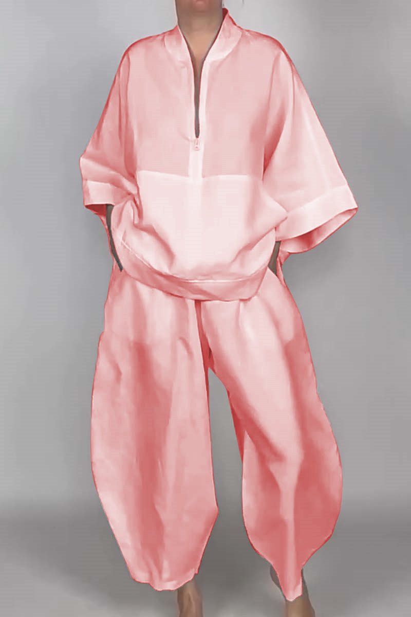 Women's casual half-zip top + bloomers solid color two-piece set Pink