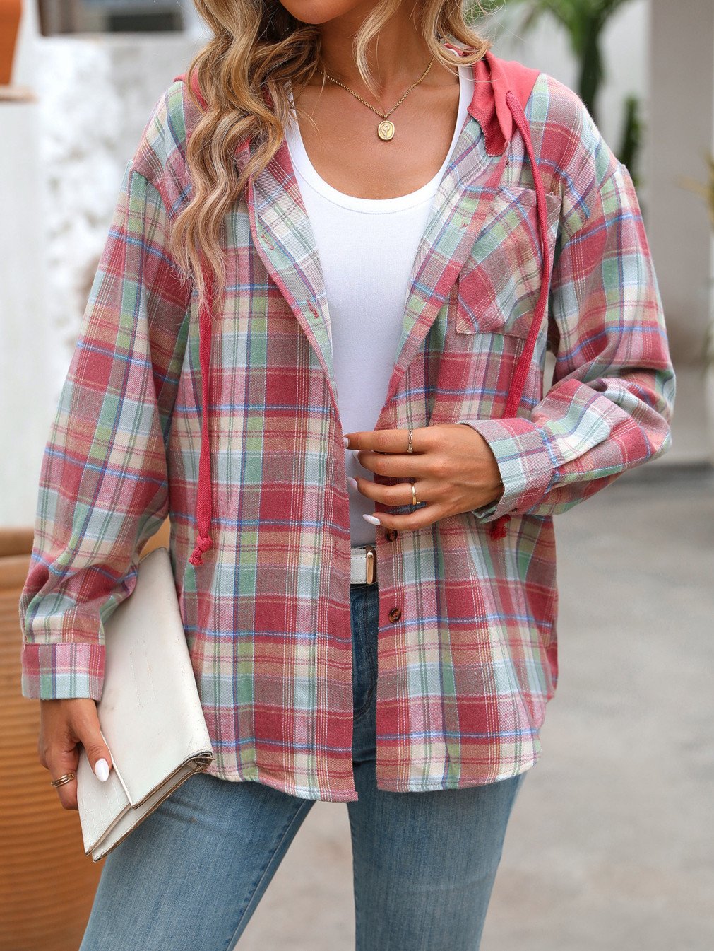 Women's Loose Plaid Casual Hooded Shirt