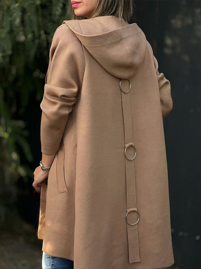 Women's Solid Color Woolen Fabric Hooded Cape Jacket Coffee