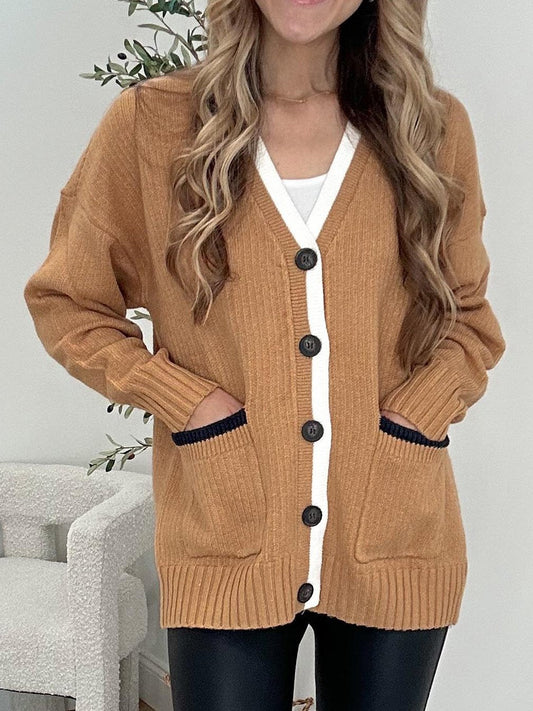 Women's Casual V-neck Knitted Cardigan Khaki