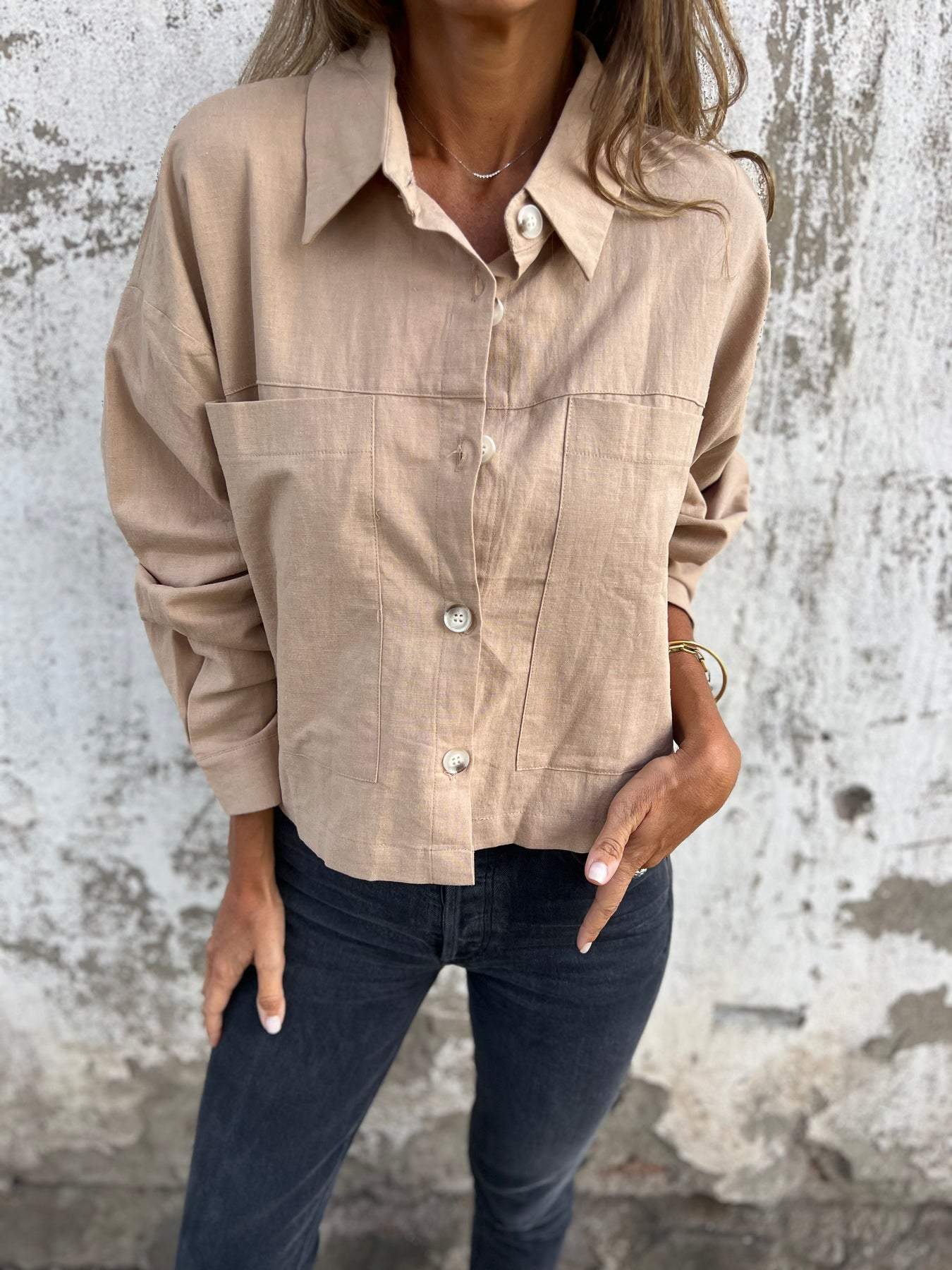 Women's Lapel Long Sleeve Casual Top khaki