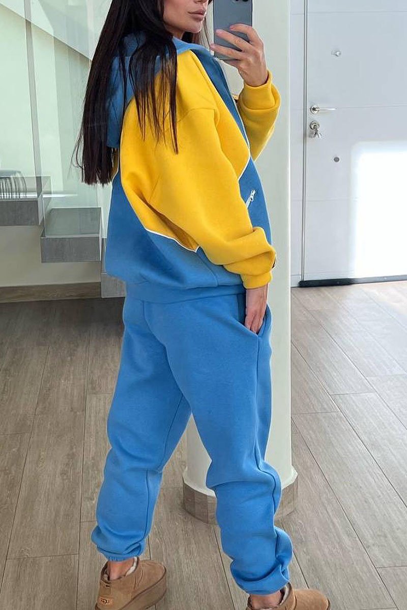 Colorblocked Long Sleeve Zipper Top Two Piece Set