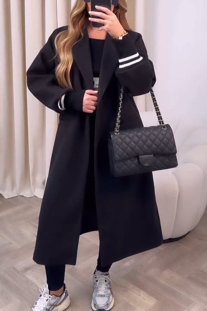 Women's Casual Lapel Long Trench Coat Black