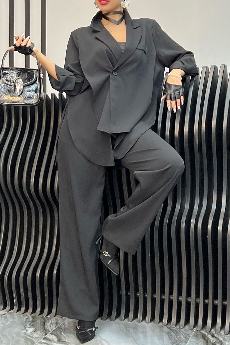 Women Casual Style Solid Color Suit Jacket Pant Suit black