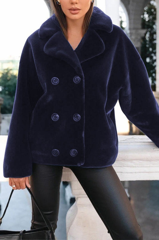 Women's Casual Lapel Plush Coat navy blue