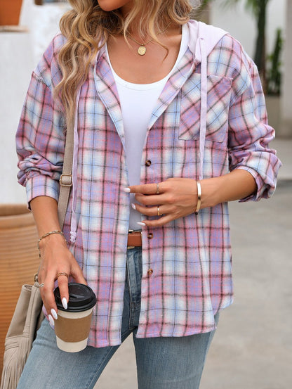 Women's Loose Plaid Casual Hooded Shirt Purple