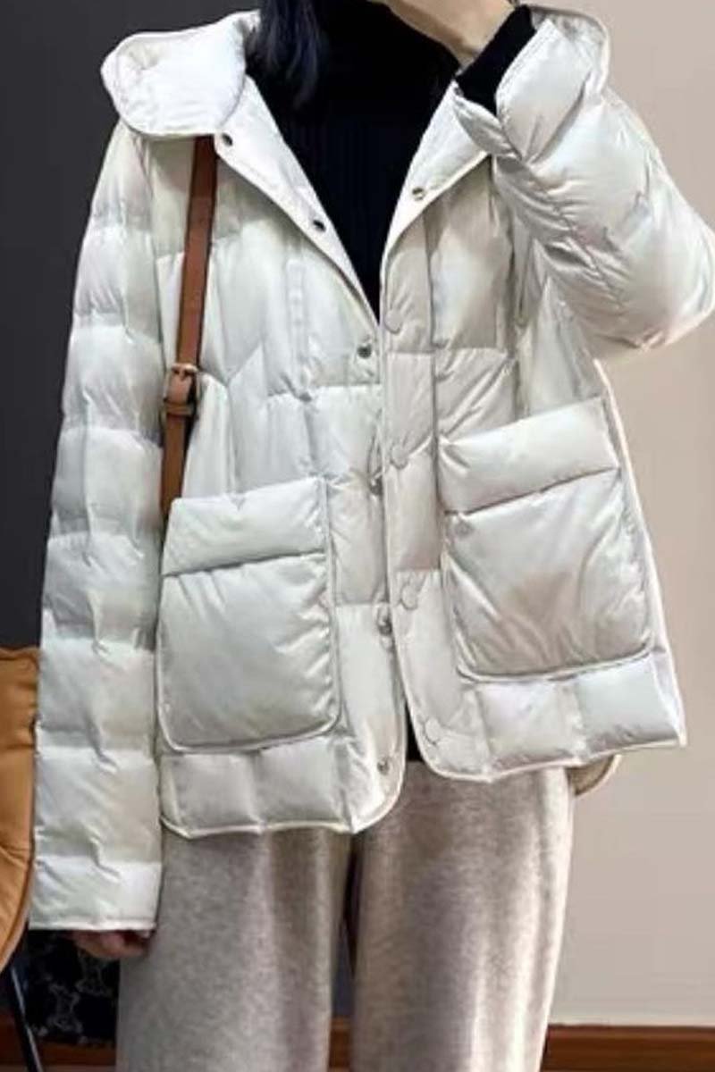 Women's casual solid color short hooded cotton coat Off White