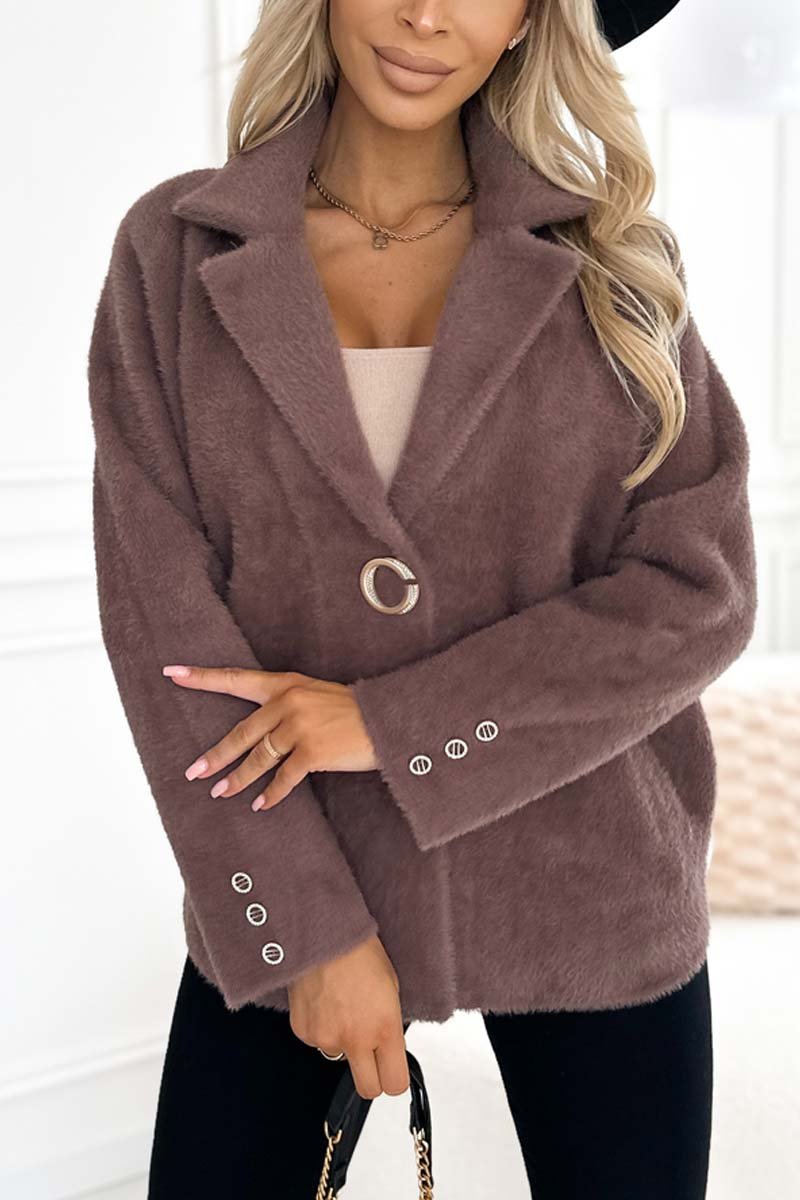 Women's casual lapel solid color short coat Chocolate Color