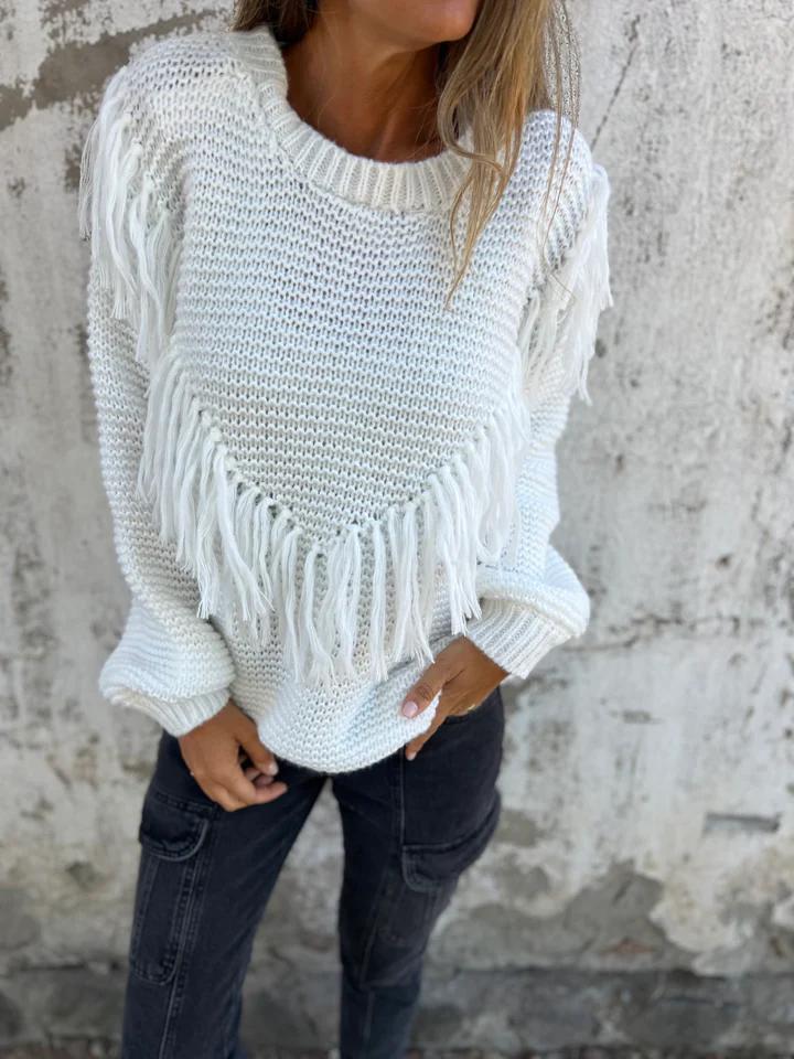 Round Neck Fringed Knitted Top white