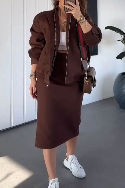 Women's Solid Color Hoodies and Skirt Two-piece Set brown