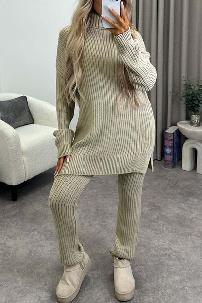 Women's casual solid color turtleneck knitted suit Apricot