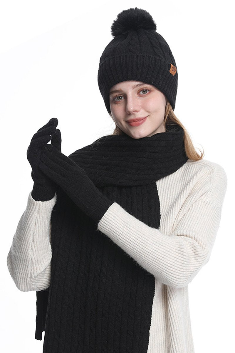 Knitted Hat, Double-layer Fleece Warm Wool Scarf, Gloves, Three-piece Set black One size