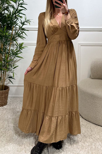 Women's Casual Solid V-Neck Long Sleeve Dress