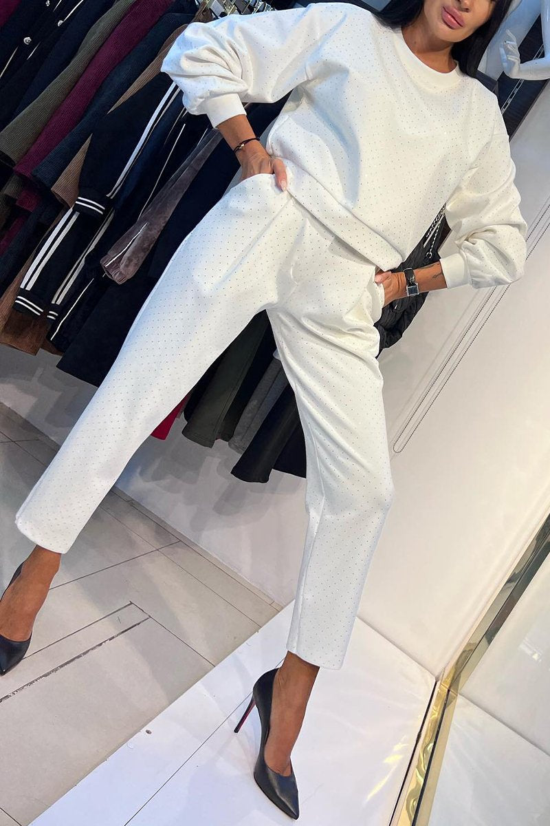 Women's Casual Round-neck Shiny Two-piece Suit white