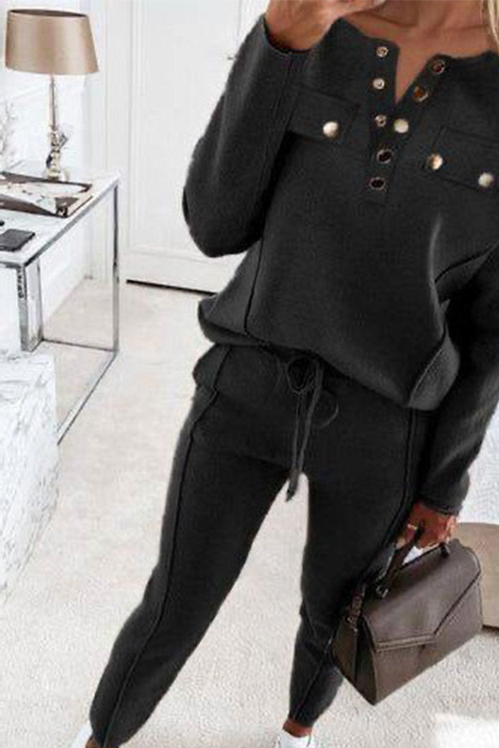 Women's Solid Color Button-down Collar Top and Pants Two-piece Set Black