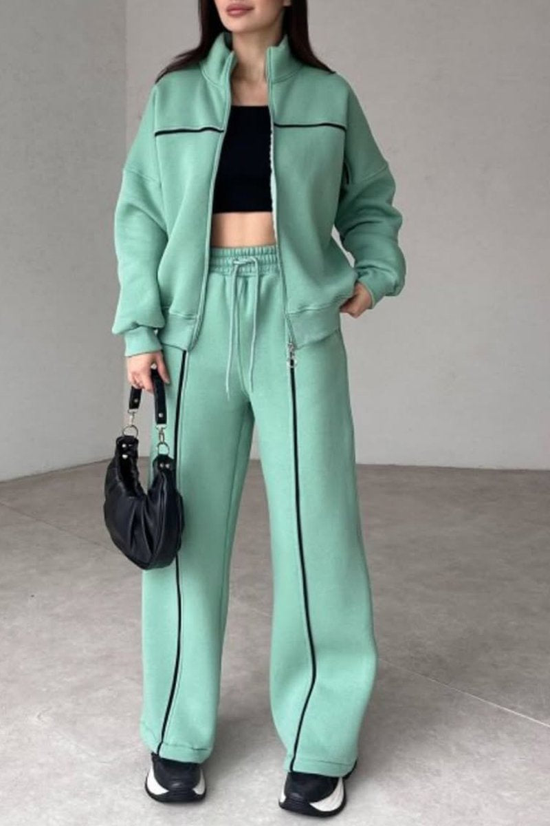 Women's Casual Line Top and Trousers Two-piece Set green